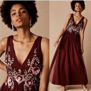 NWT Anthropologie BHLDN Isabel Formal Maxi Dress 10 Floral Sequin‎ Tulle Red